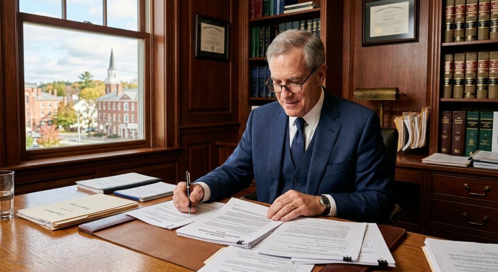 Seasoned Chapter 11 attorney in a navy suit reviewing reorganization documents at a large oak desk in a wood-paneled New Hampshire law office with soft window light
