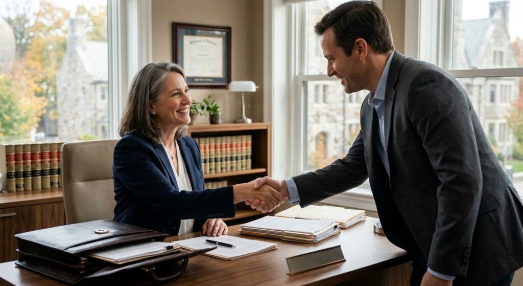 Compassionate bankruptcy attorney shaking hands with a visibly relieved client in a warm, modern law office with legal documents on the desk