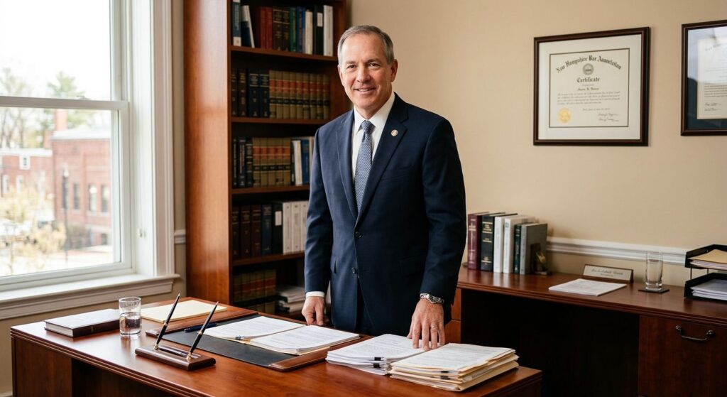 Professional business bankruptcy attorney in a Nashua office, suited, standing beside a desk with legal documents, law books, and a New Hampshire Bar certificate in the background, conveying trust and expertise.