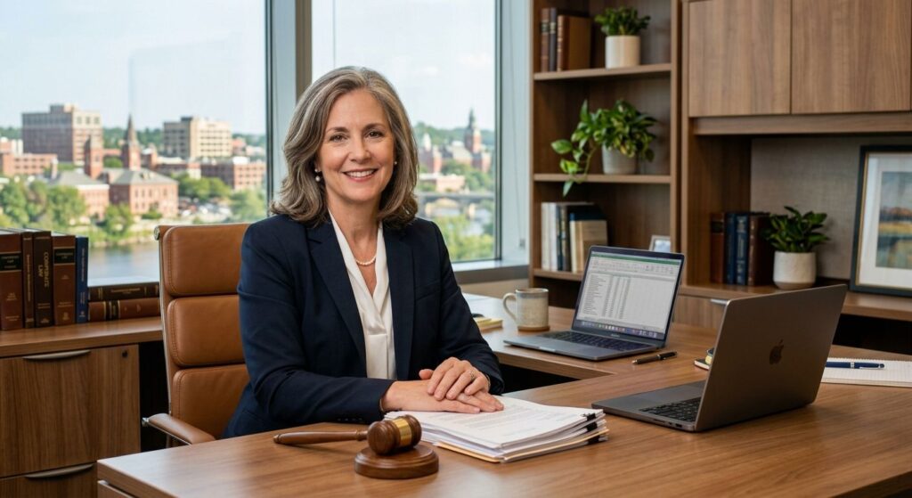 Professional photograph of a business attorney in a modern office with Nashua skyline visible, seated at desk with gavel, legal books, and laptop, shallow depth of field, warm natural light, professional style.