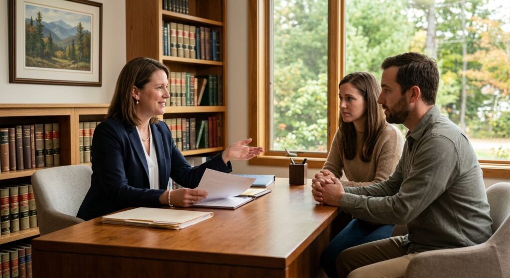 Bankruptcy attorney in New Hampshire meeting with a couple in a modern office, warm natural light, law books in background