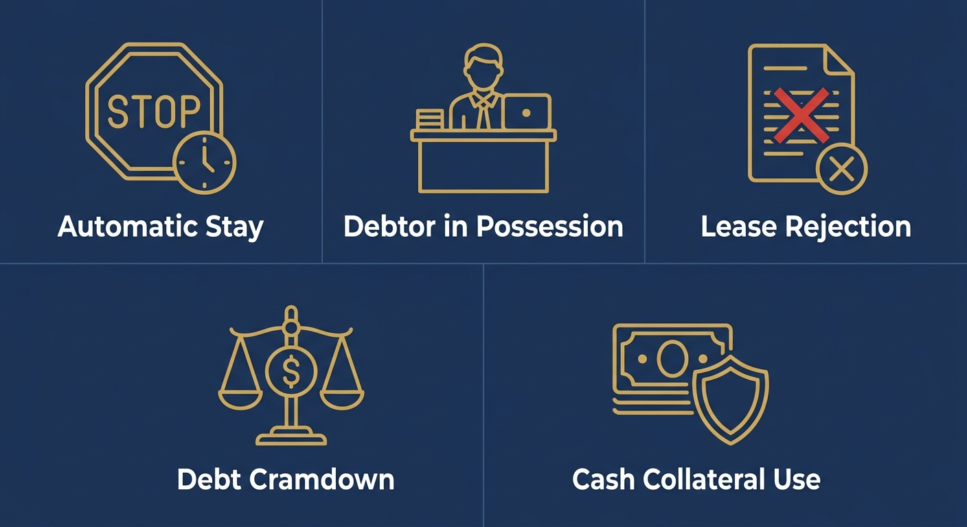Flat-design infographic showing five Chapter 11 tools for New Hampshire businesses: Automatic Stay, Debtor in Possession, Lease Rejection, Debt Cramdown, and Cash Collateral Use.