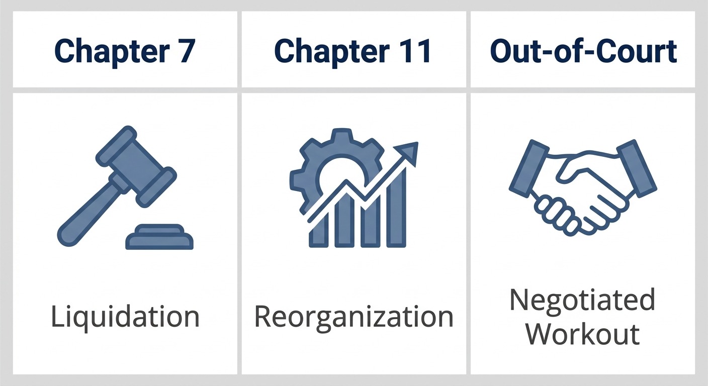 Three-column infographic comparing Chapter 7 liquidation, Chapter 11 reorganization, and out-of-court negotiated workout for business financial options. Each column has a header and a single icon with label.