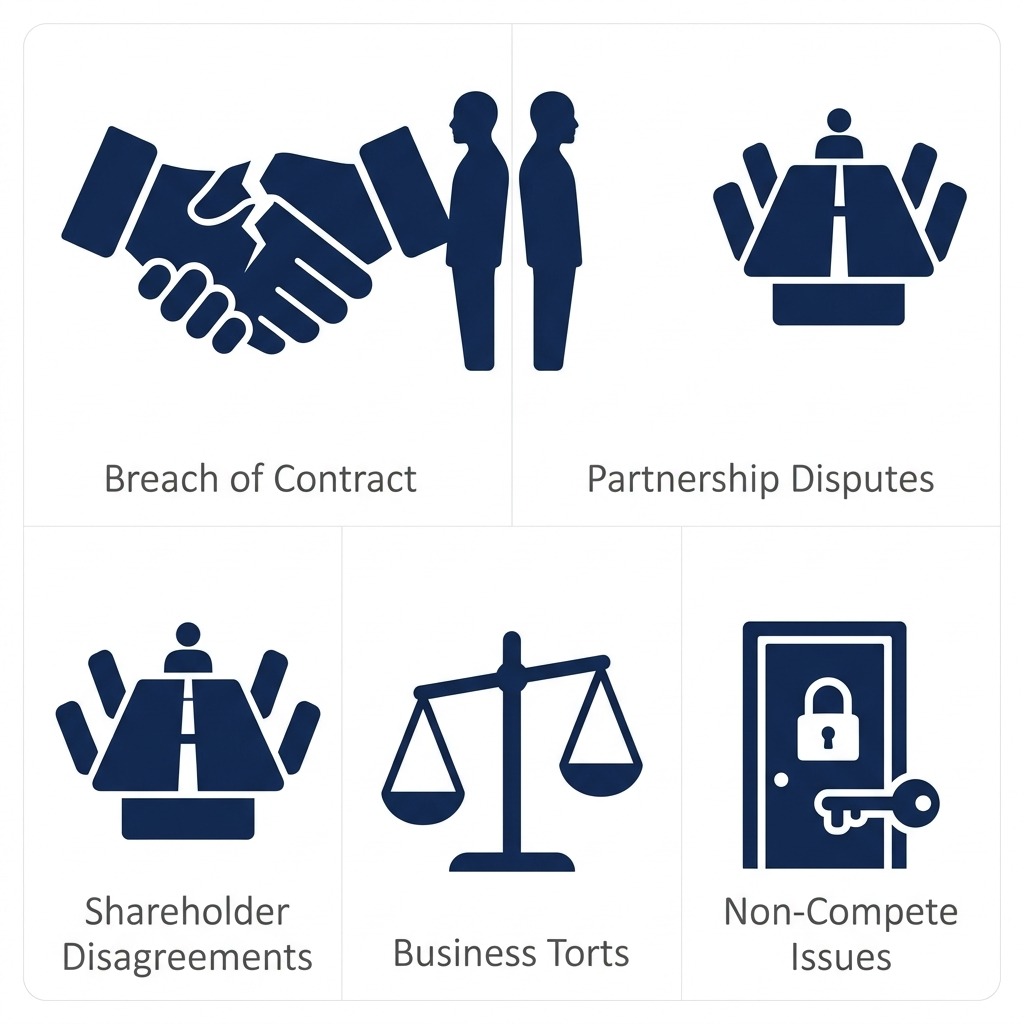 Five minimal flat icons in navy representing signs you may need a business litigation attorney: breach of contract, partnership disputes, shareholder disagreements, business torts, non-compete issues.