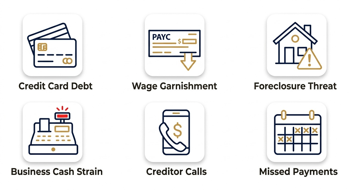 Icon set showing six common financial warning signs: credit card debt, wage garnishment, foreclosure threat, business cash strain, creditor calls, and missed payments, drawn as deep navy and warm gold flat outline icons on a clean white background.