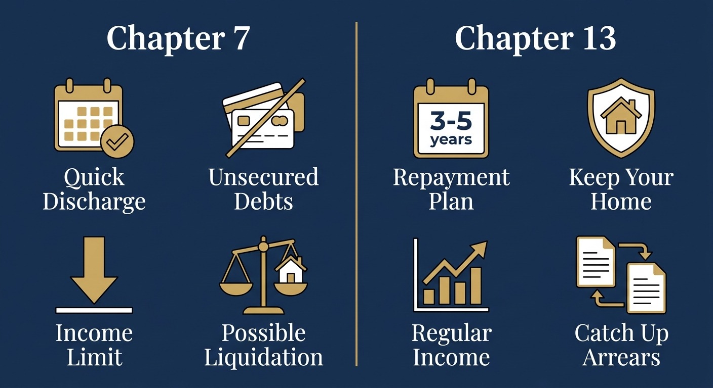 Infographic comparing Chapter 7 and Chapter 13 bankruptcy with two columns of four gold outlined icons and white labels on a navy blue background
